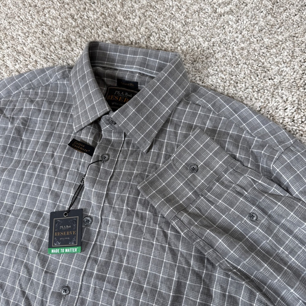 Jos A Bank Reserve Shirt Mens L Grey Plaid Cotton Cashmere Tailored Fit‎ Classic